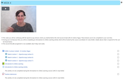 Screenshot of Week 4 structure including video, text and Moodle activities.